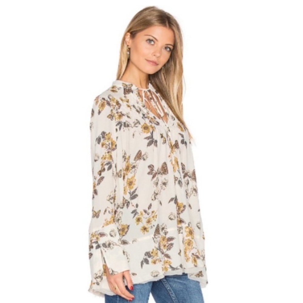 Free People Pebble Crepe So Fine Smocked Tunic Top in Ivory Combo - Small - Picture 5 of 13